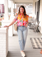 short sleeve colorful button up top