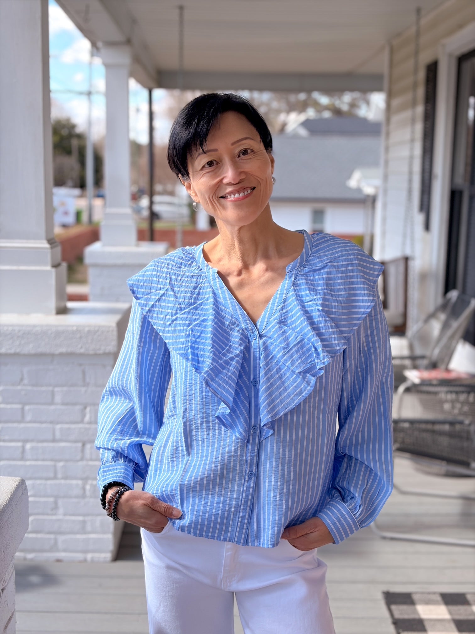 blue and white stripe long sleeve top with ruffle collar