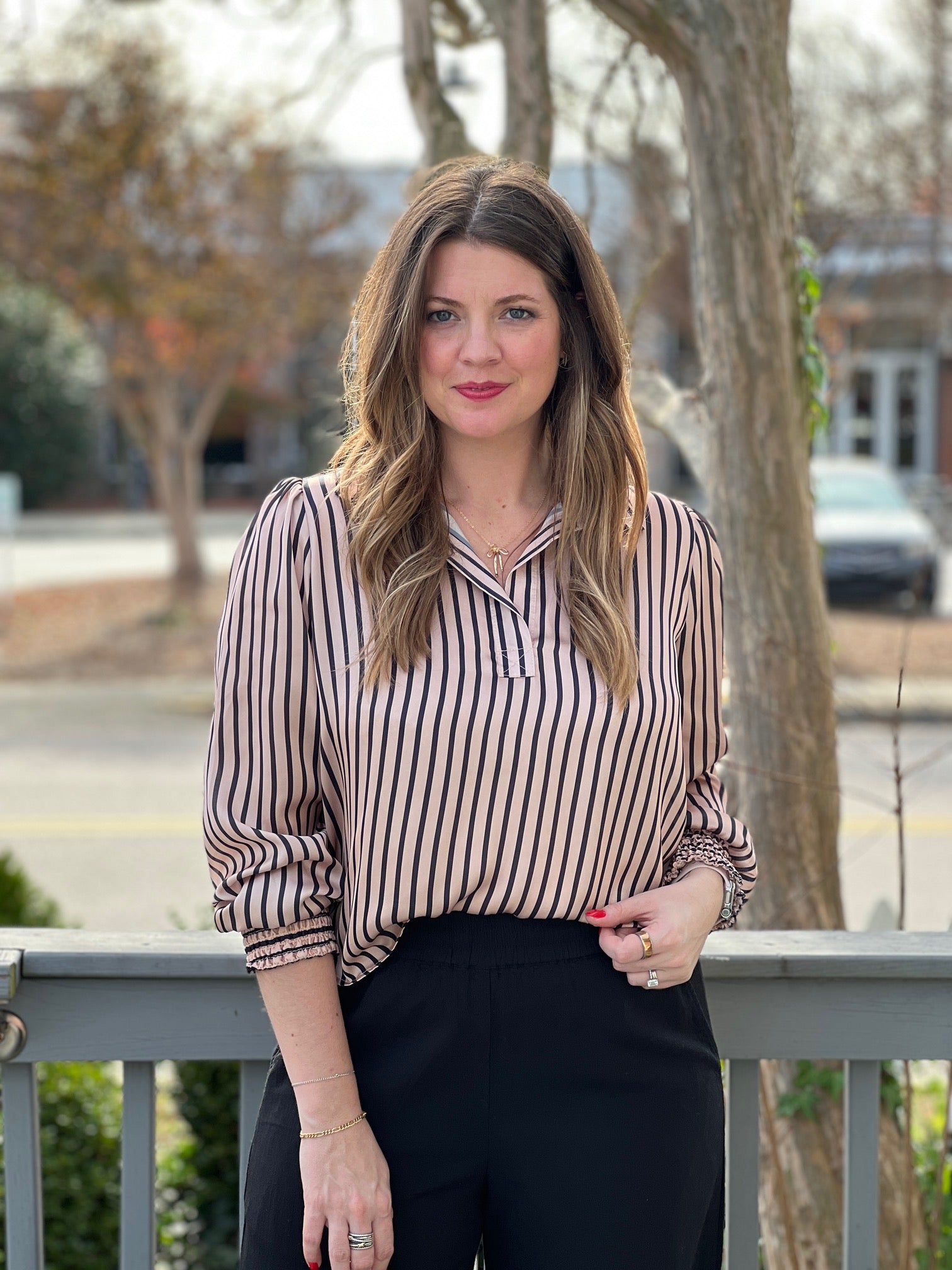 long sleeve v neck top with stripes