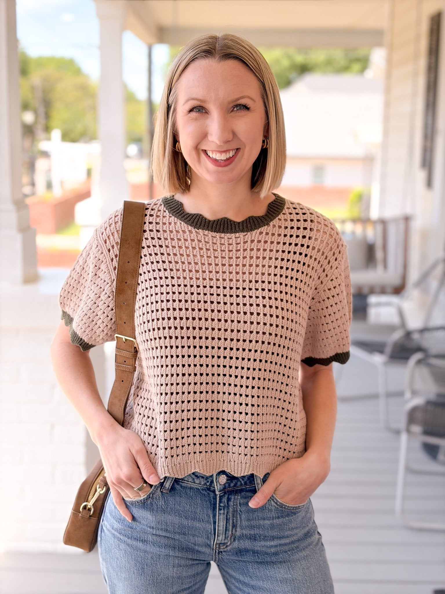 Rose & Lee Co Kaylie Top, Tan/Olive short sleeve