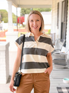 Rose & Lee Co Kelsey Top, Green/Beige Stripe short sleeve