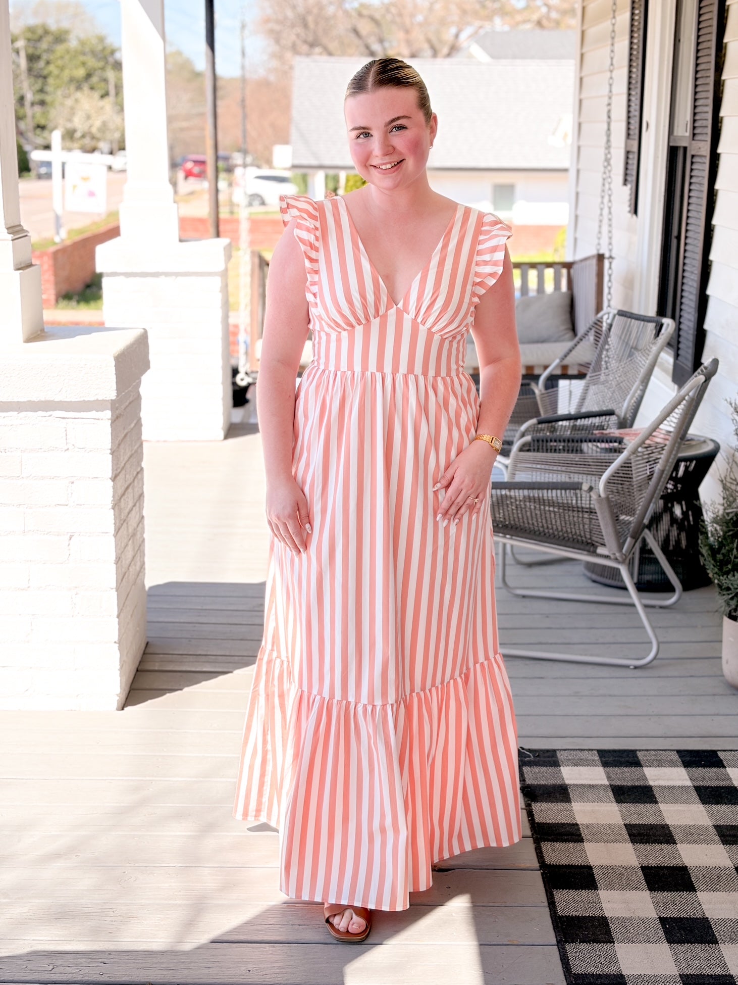 orange striped tiered maxi dress