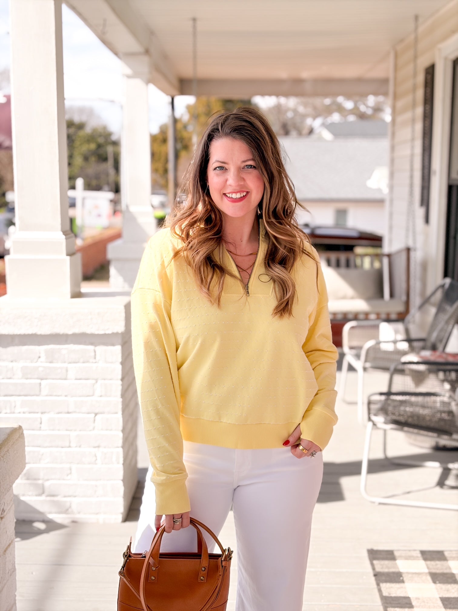 yellow pullover, quarter zip, with small ecru dots