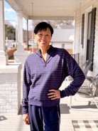 long sleeve navy pullover with ivory dots