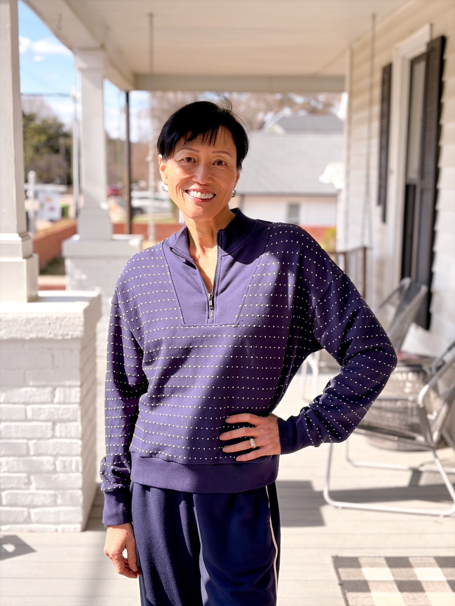 long sleeve navy pullover with ivory dots