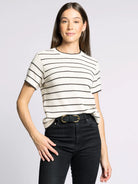 Ivory/Brown Striped Short Sleeve Sweater
