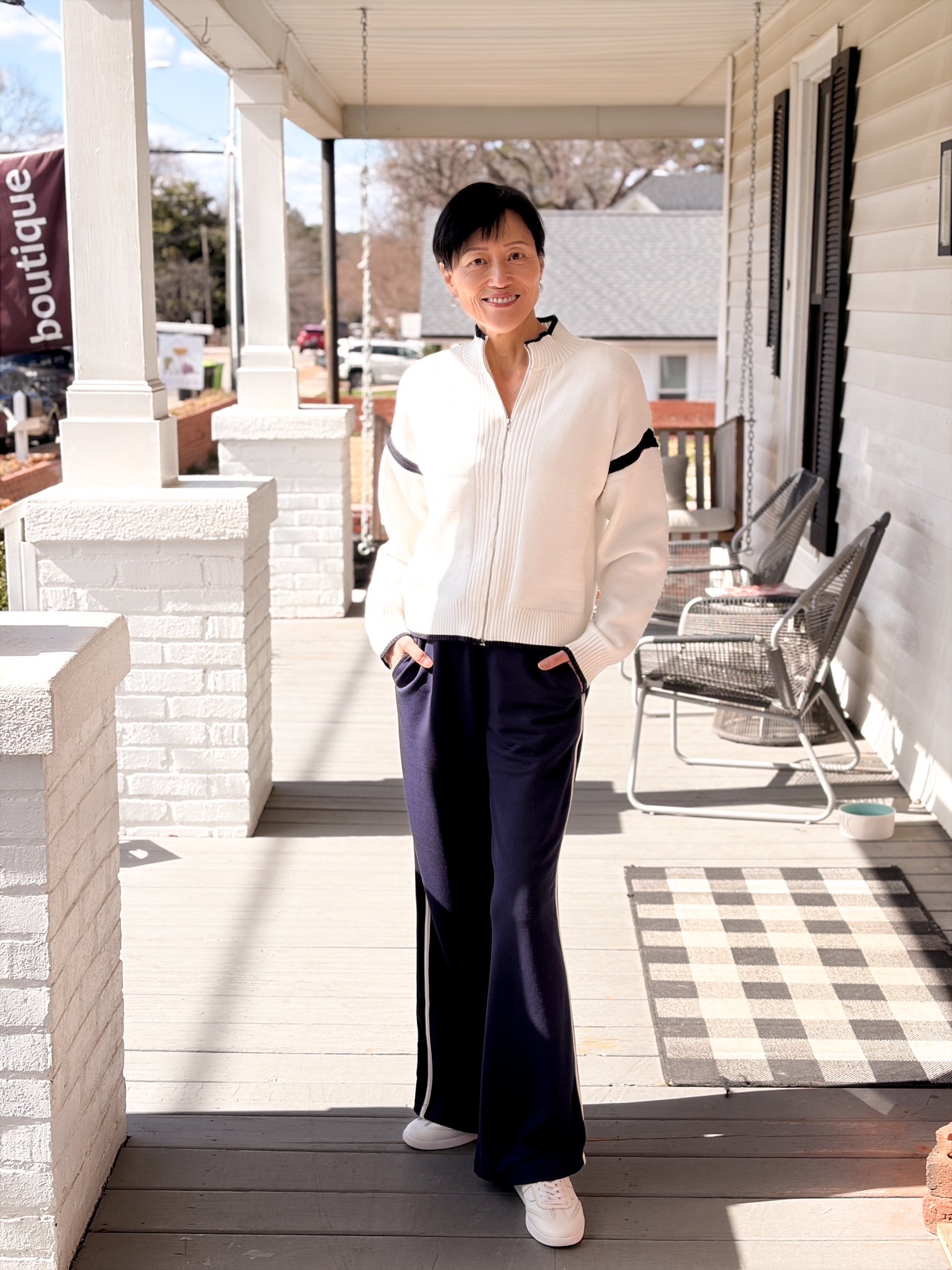 Ivory/Navy Front Zip Sporty Jacket