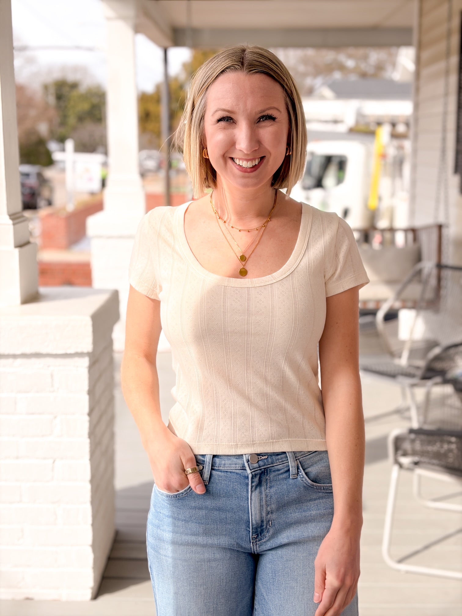 White Pointelle Short Sleeve Tee