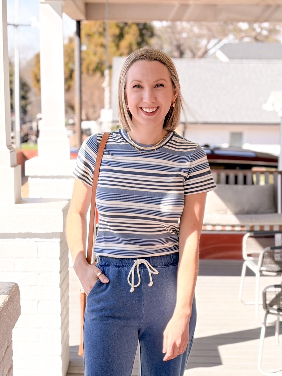 blue and white stripe short sleeve top
