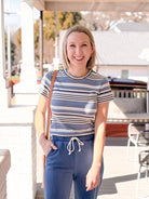 blue and white stripe short sleeve top