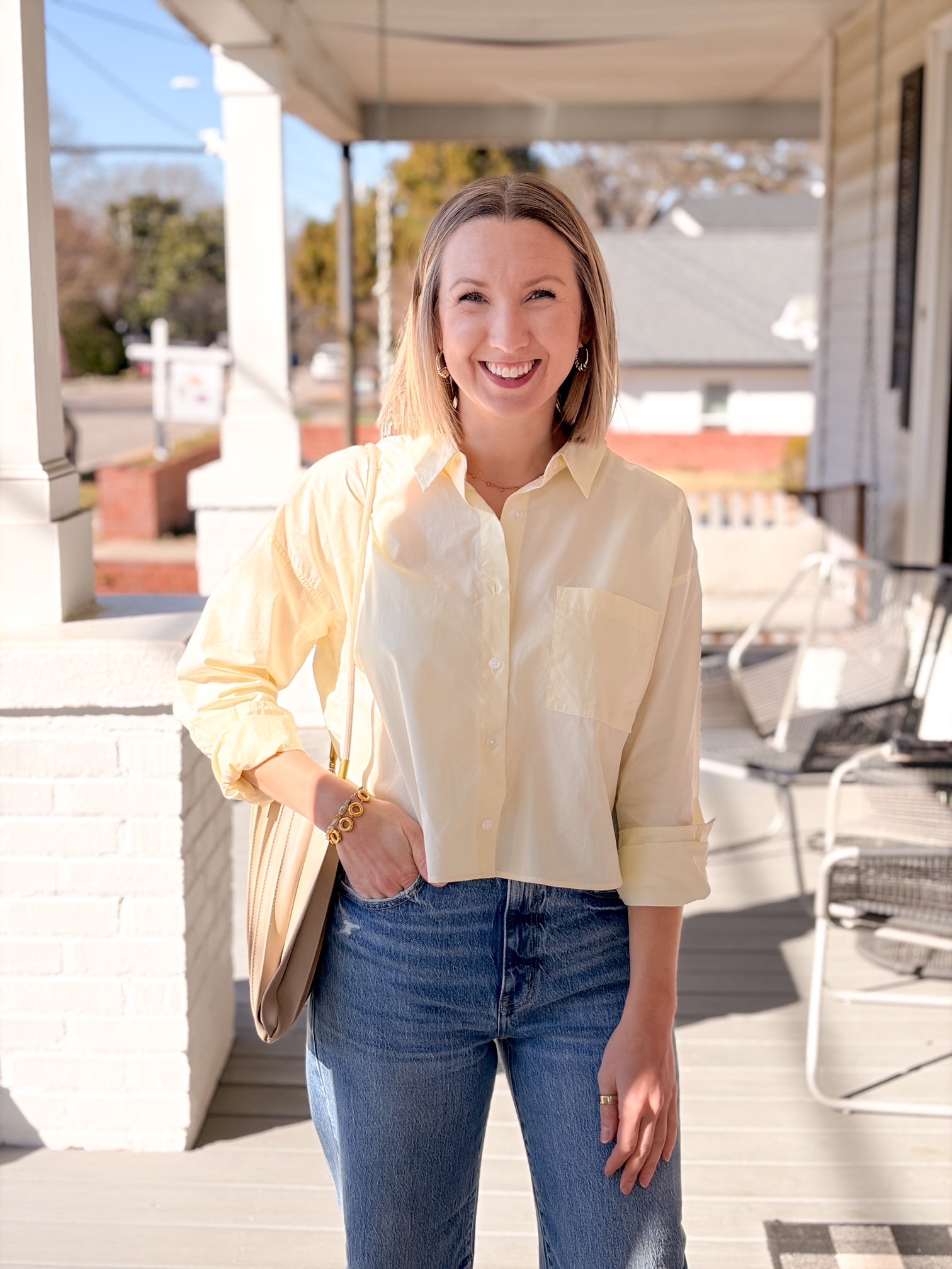 Light Yellow Long Sleeve Collared V-Neck Top