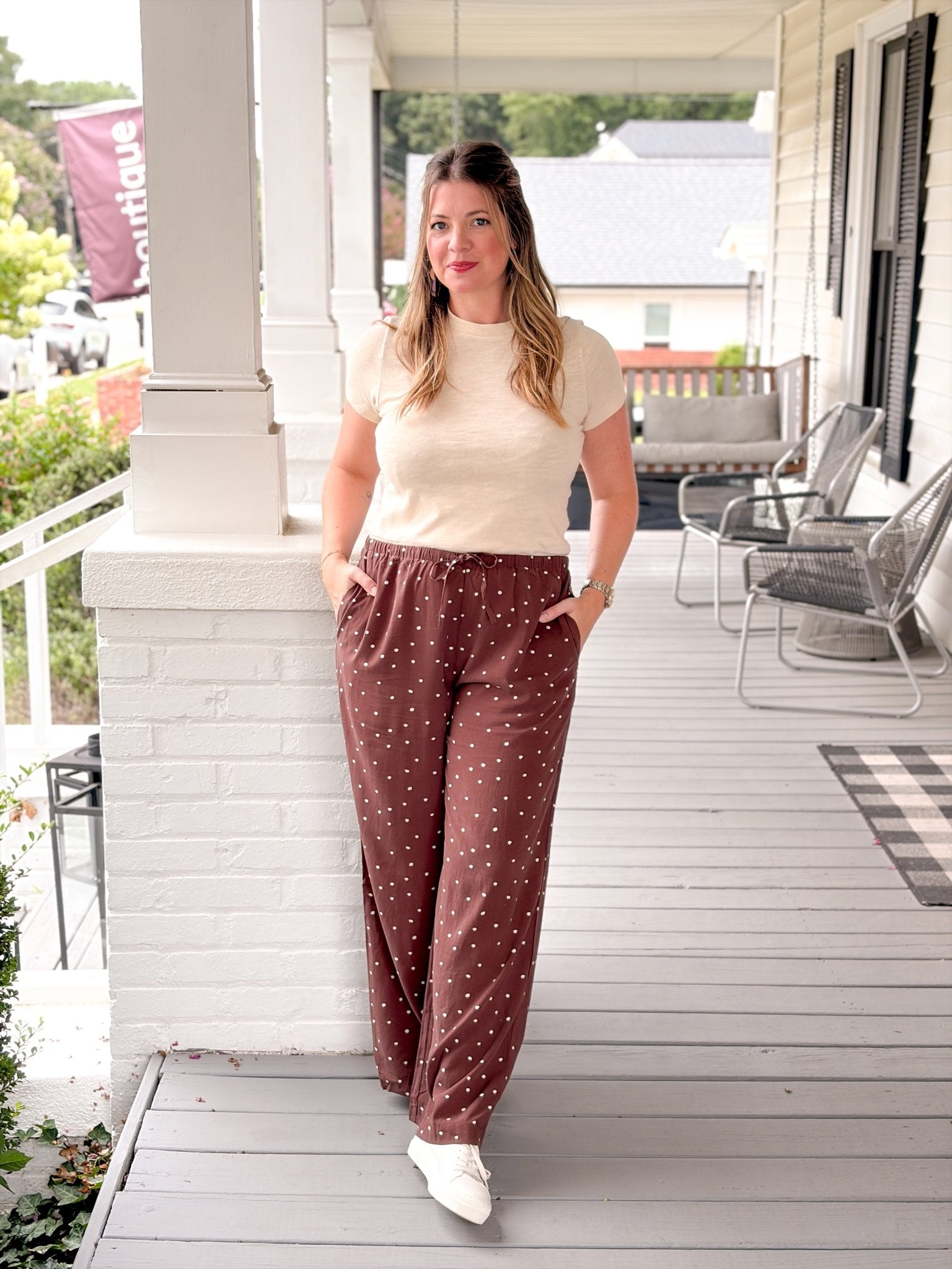 Rose & Lee Co Lucy Pants, Chocolate Polka Dot by Marine Layer Pants