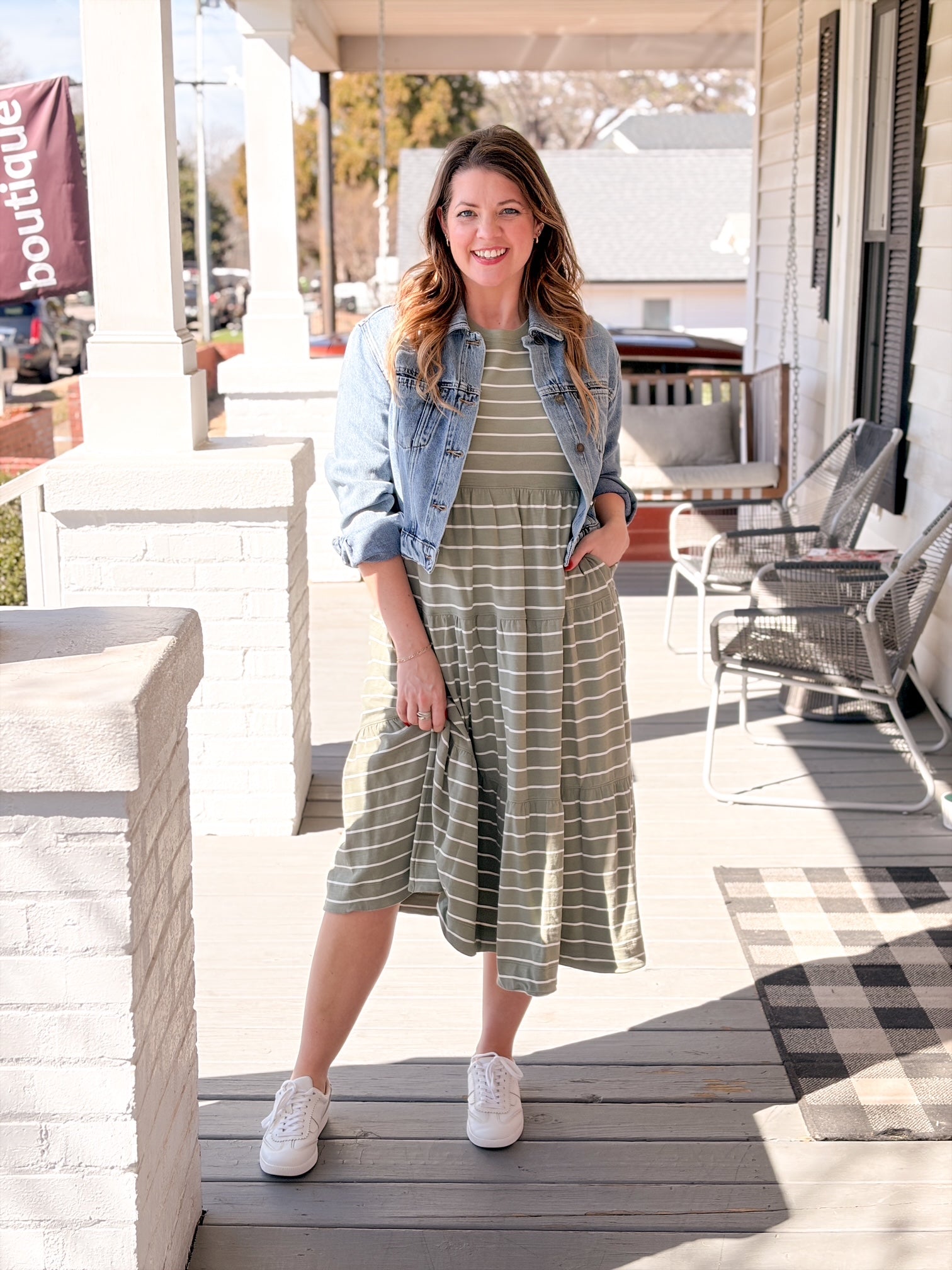 short sleeve olive midi length dress with white stripes