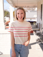 ivory short sleeve shirt with red stripes