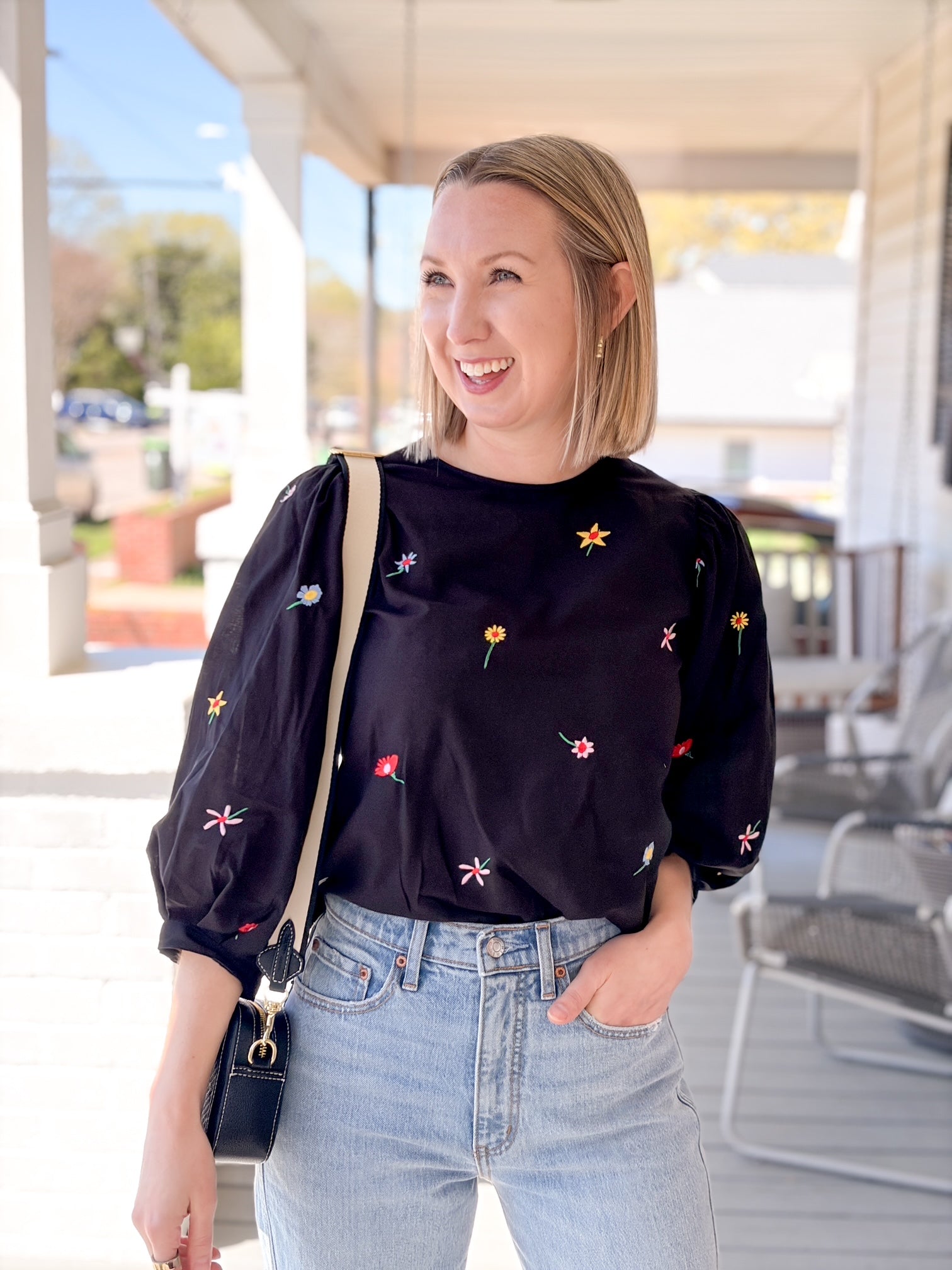 Rose & Lee Co Maci Top, Black Floral Work Tops