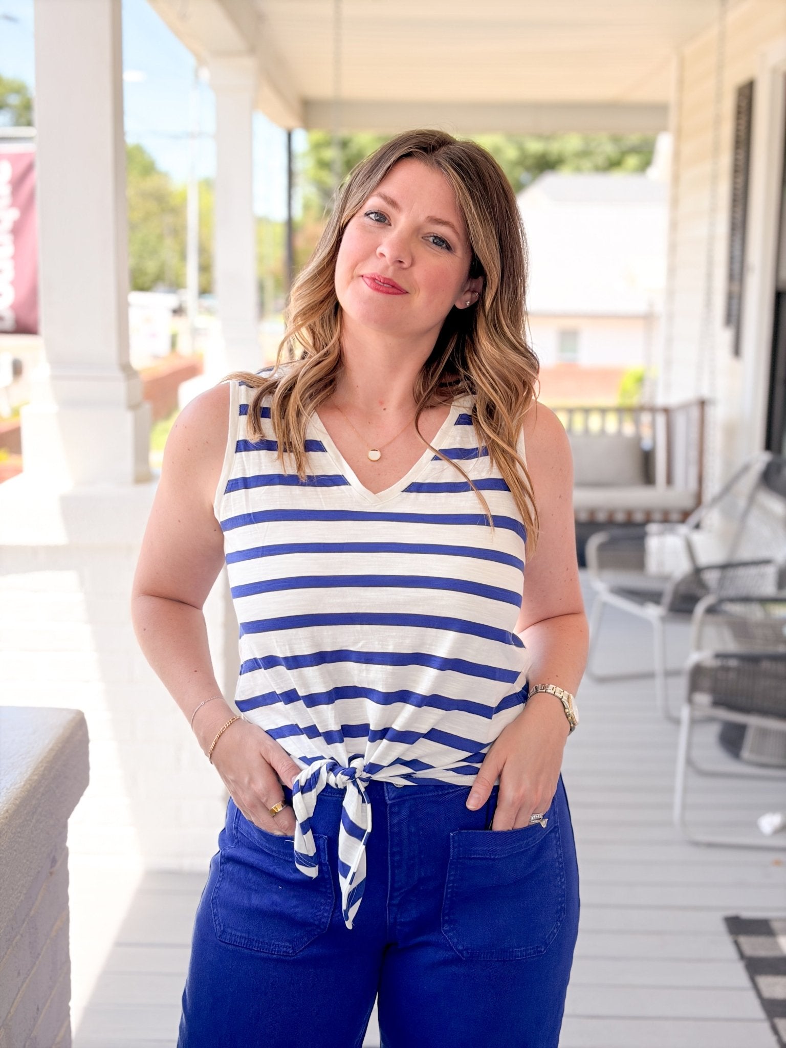 Rose & Lee Co Madalyn Tank, White/Luminous Blue Stripe by Sanctuary Tanks