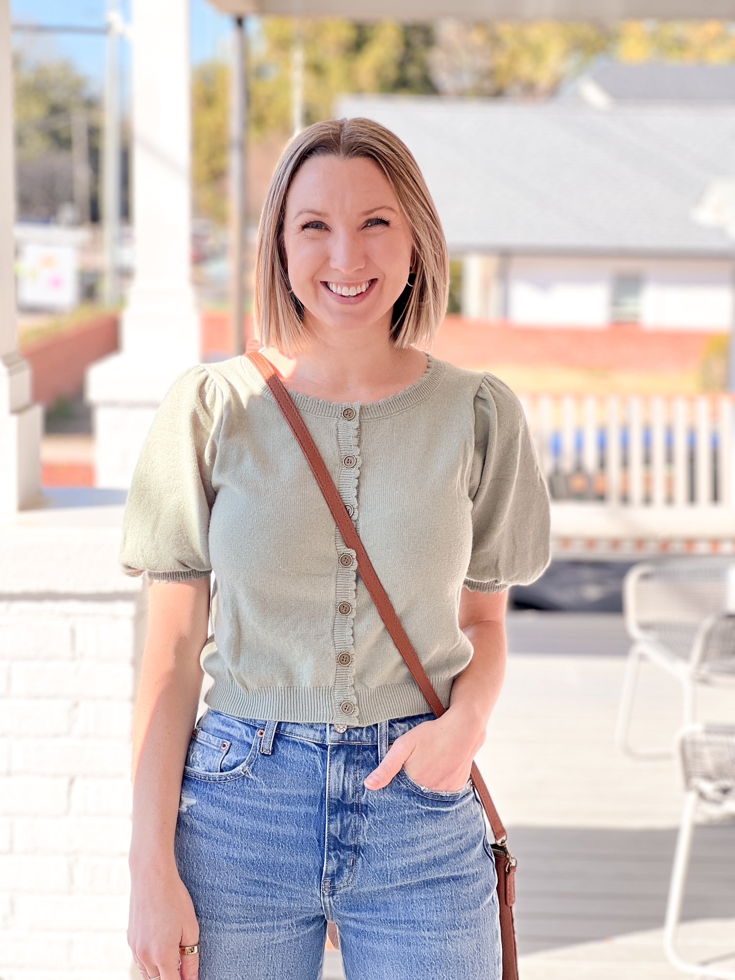Sage Green Puff Sleeve Button Down Top