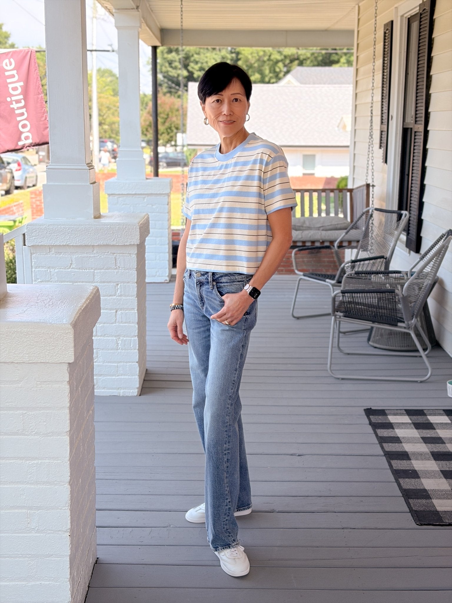 Rose & Lee Co Mae Tee, Chambray Stripe short sleeve
