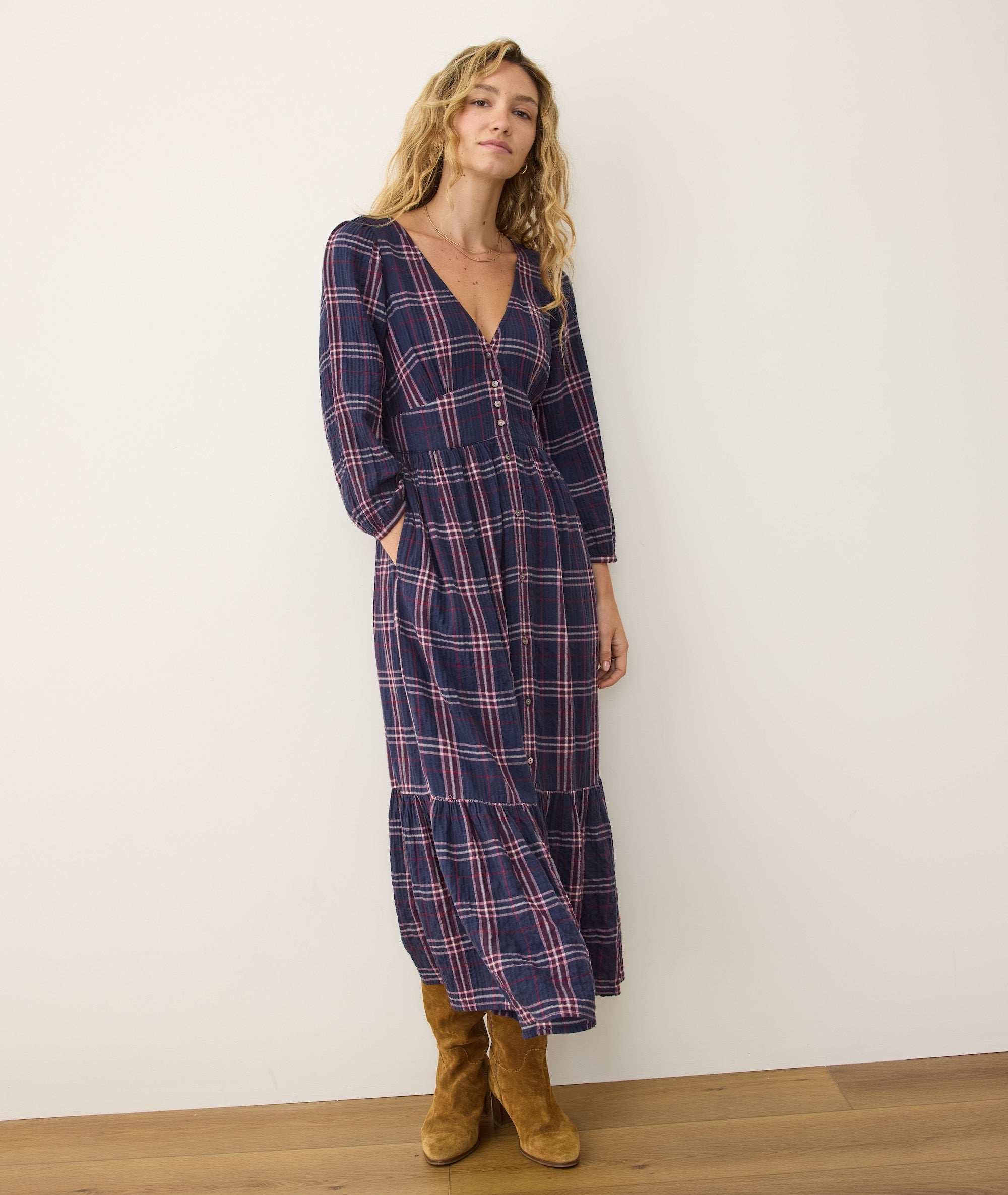 Maeve Midi Dress by Marine Layer Twilight Plaid Ethical Women's Boutique Apex NC