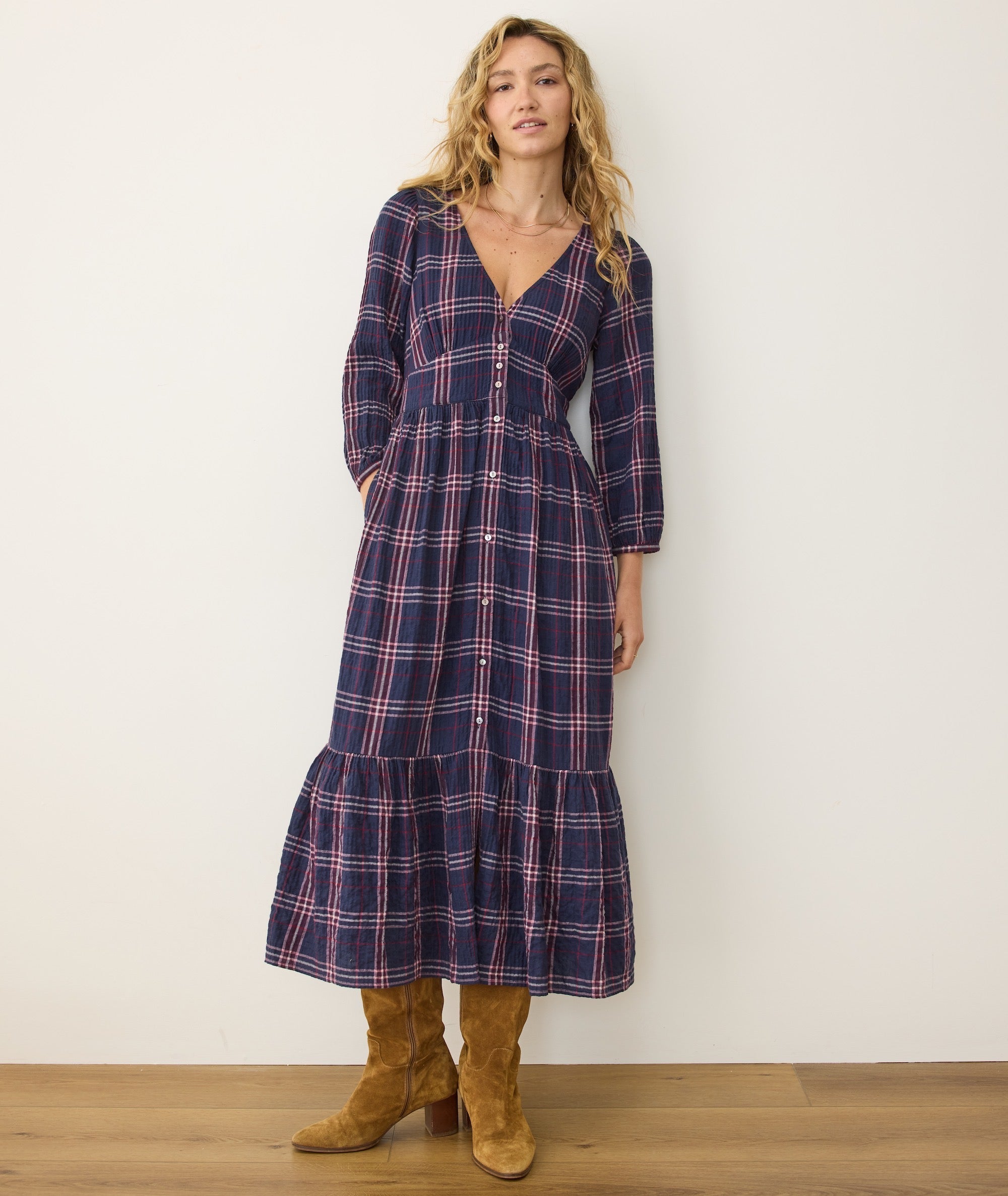 Maeve Midi Dress by Marine Layer Twilight Plaid Ethical Women's Boutique NC