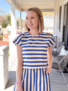 Rose & Lee Co Mallory Top, Blue Stripe short sleeve