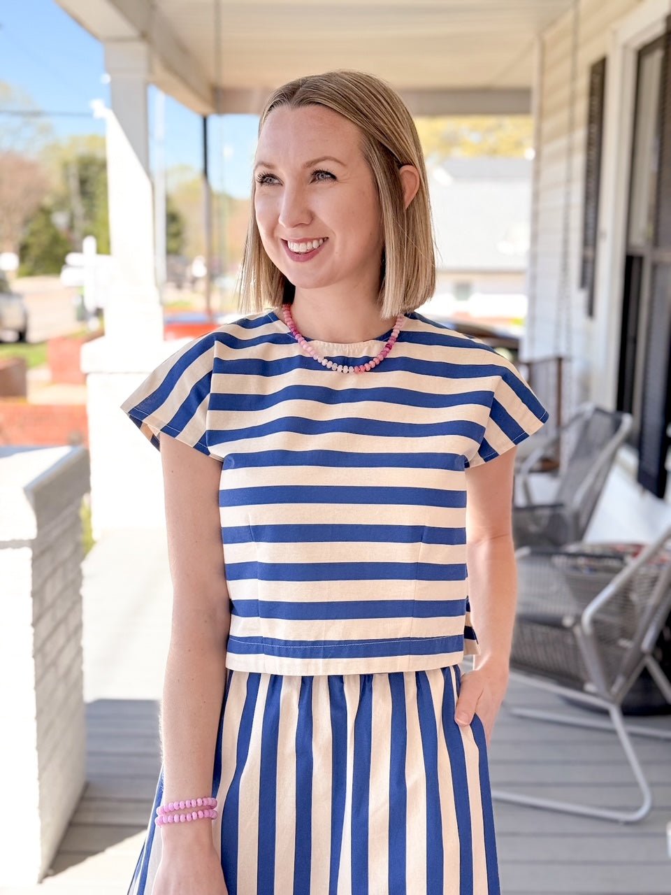 Rose & Lee Co Mallory Top, Blue Stripe short sleeve