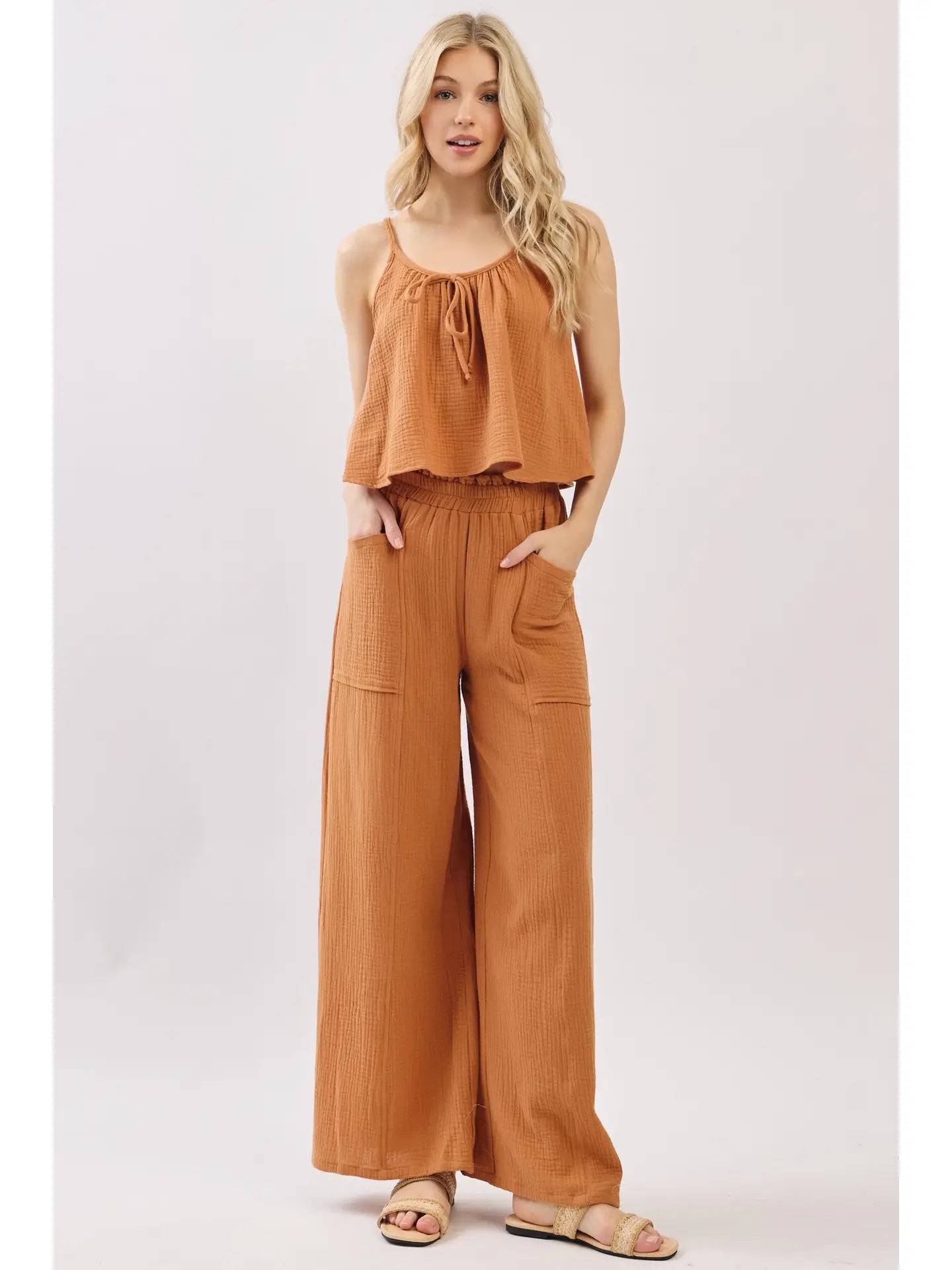 Cotton Double Gauze Wide Leg Pants