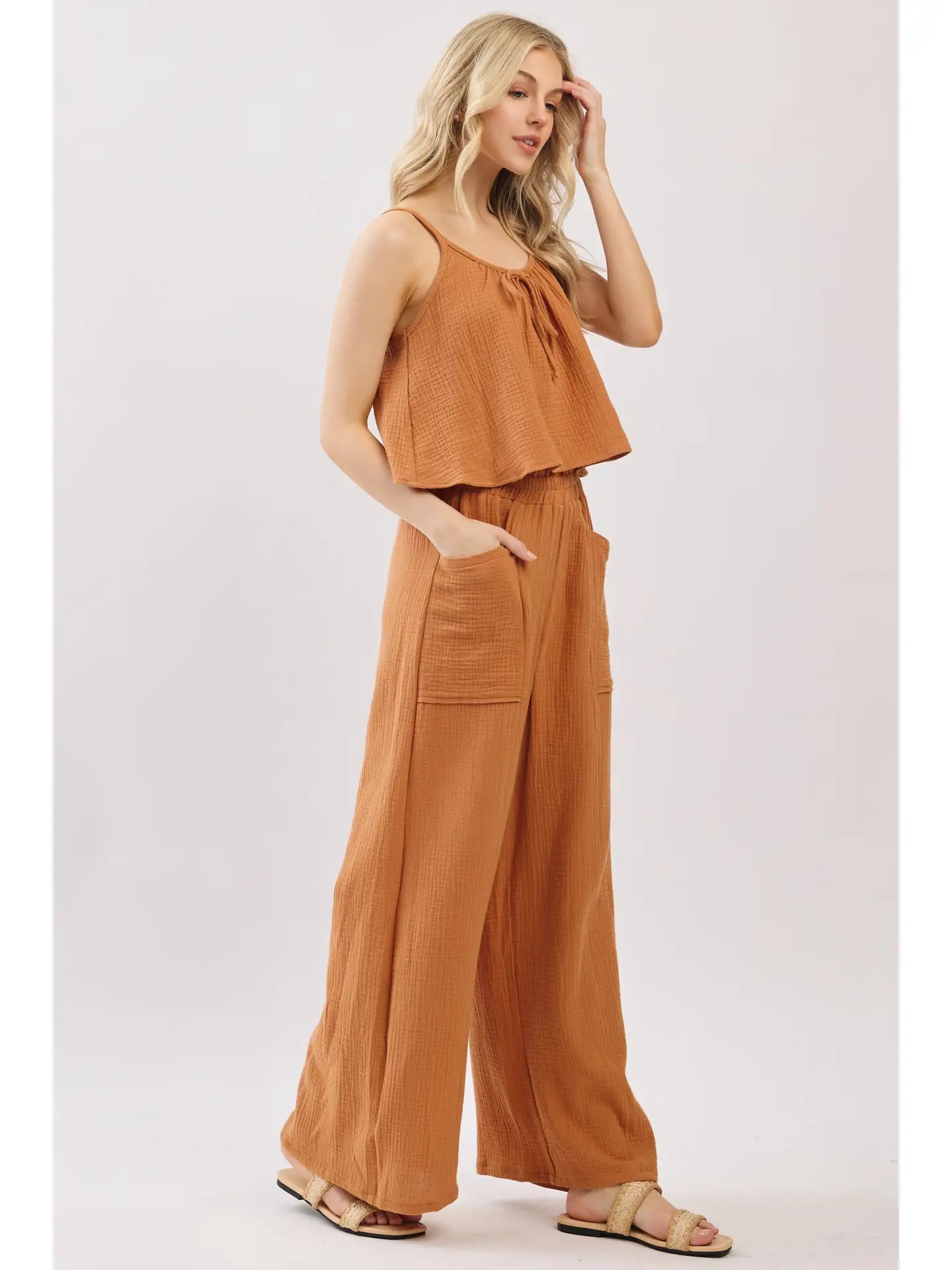 Cotton Double Gauze Wide Leg Pants