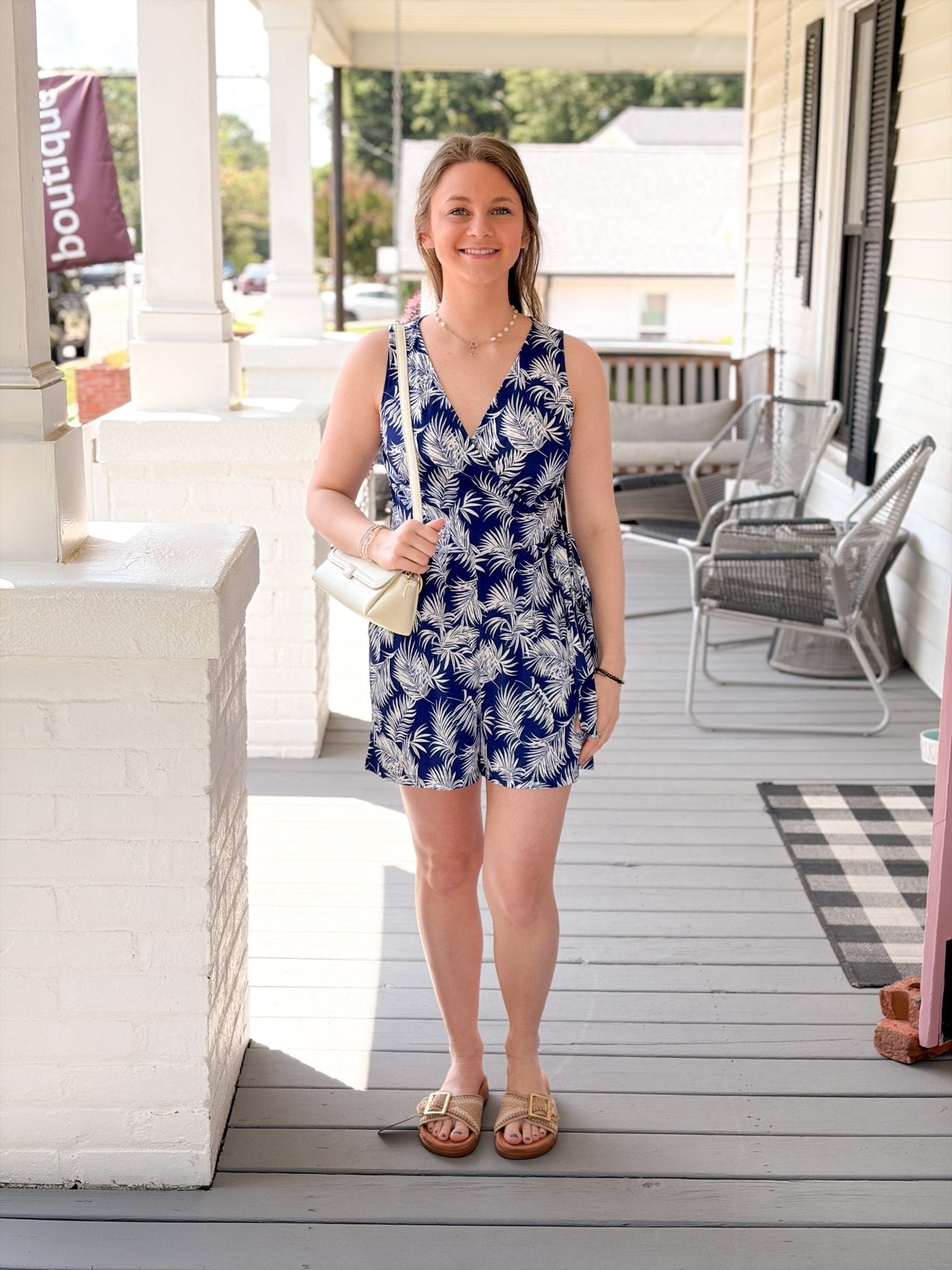 Rose & Lee Co Marlee Romper, Navy/White Tropical Romper