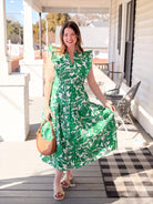 Green & White Tropical Print Smocked Midi Dress
