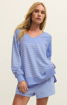 blue and white stripe v neck sweatshirt