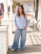blue and white stripe v neck sweatshirt