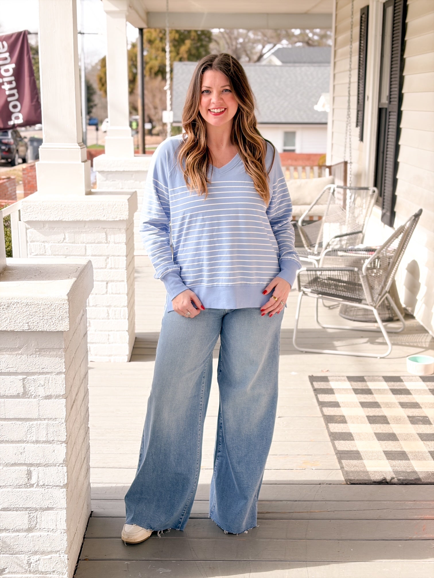 blue and white stripe v neck sweatshirt