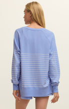 blue and white stripe v neck sweatshirt