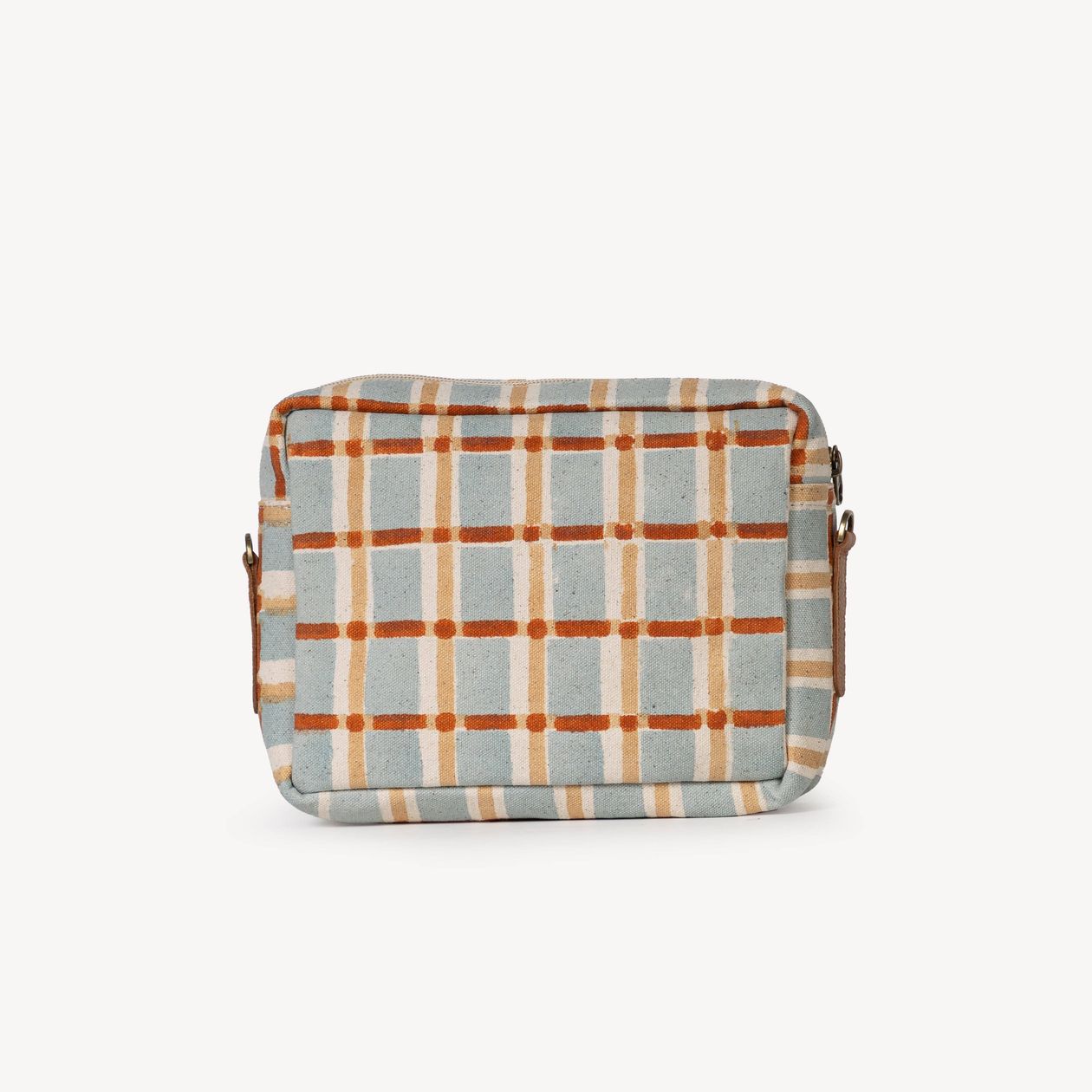 cotton canvas camera bag with blue plaid