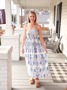 blue and white patterned dress, midi length, spaghetti straps