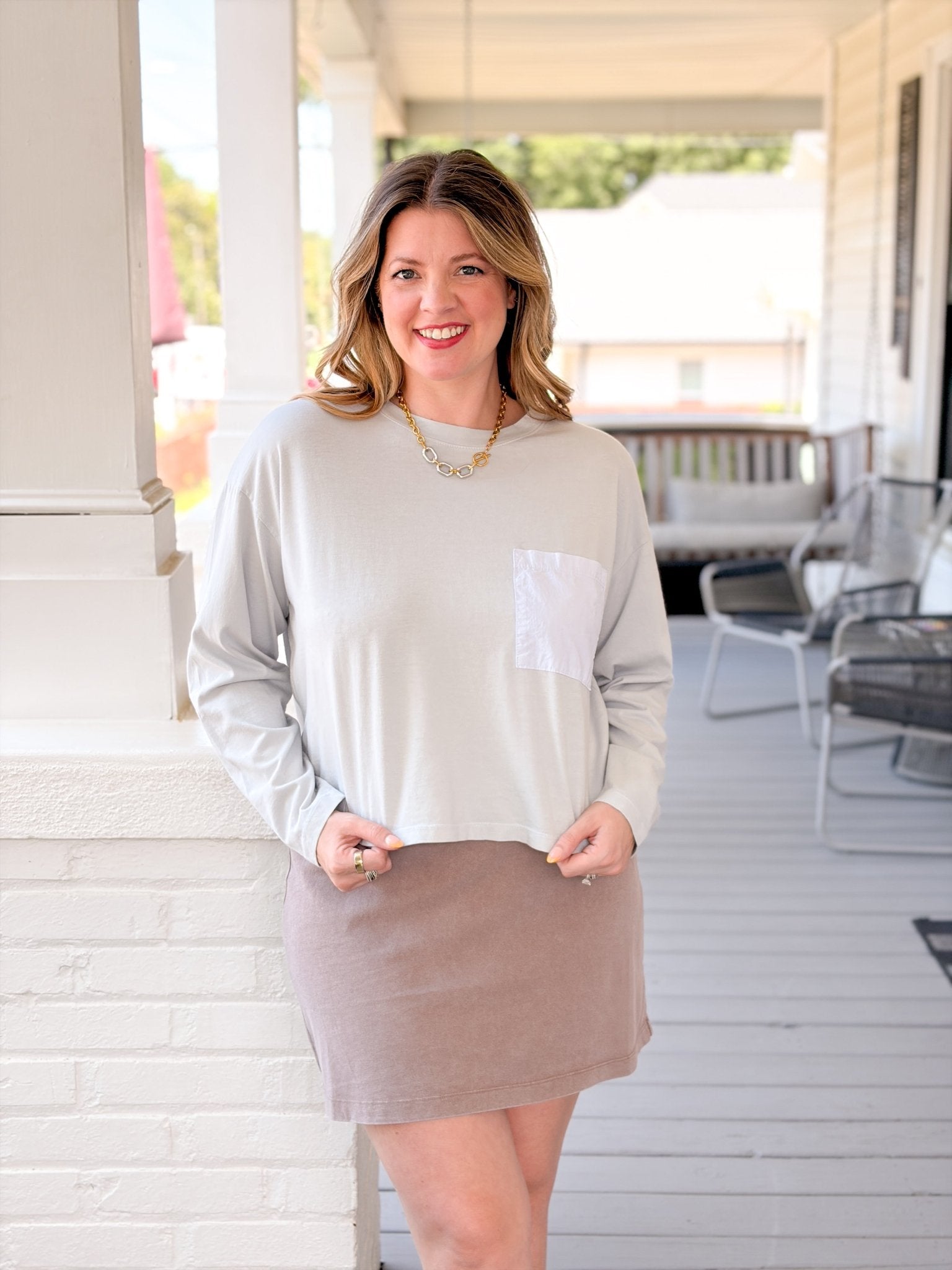 Rose & Lee Co Nalani Top, Cadet Blue Long Sleeve