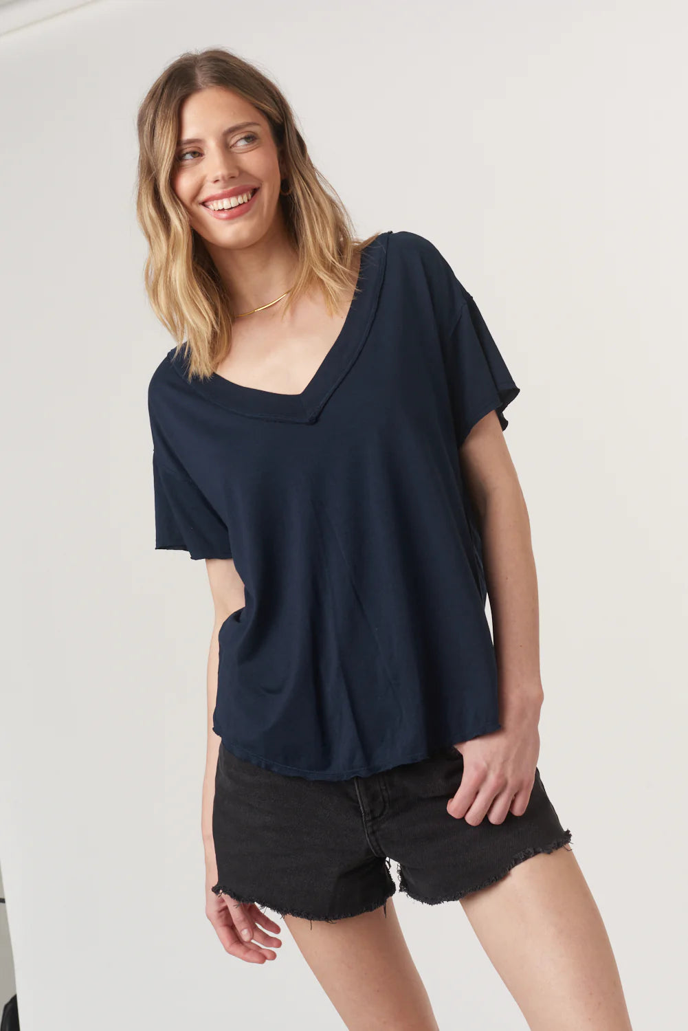 Navy Blue Short Sleeve Top with a V-Neckline