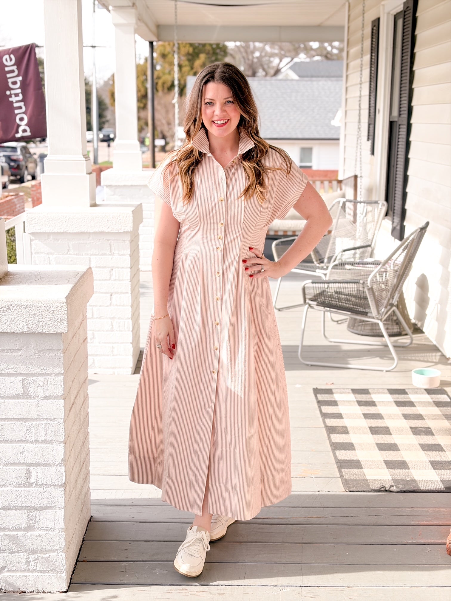 rust and white stripe dress, cinched waist
