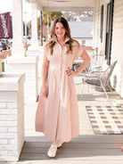 rust and white stripe dress, cinched waist