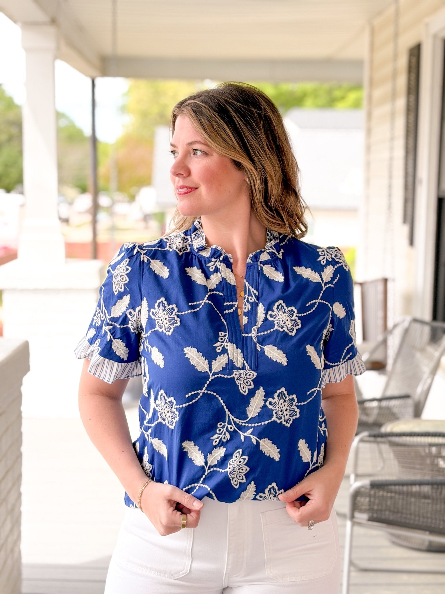 Rose & Lee Co Nylah Top, Blue Work Tops