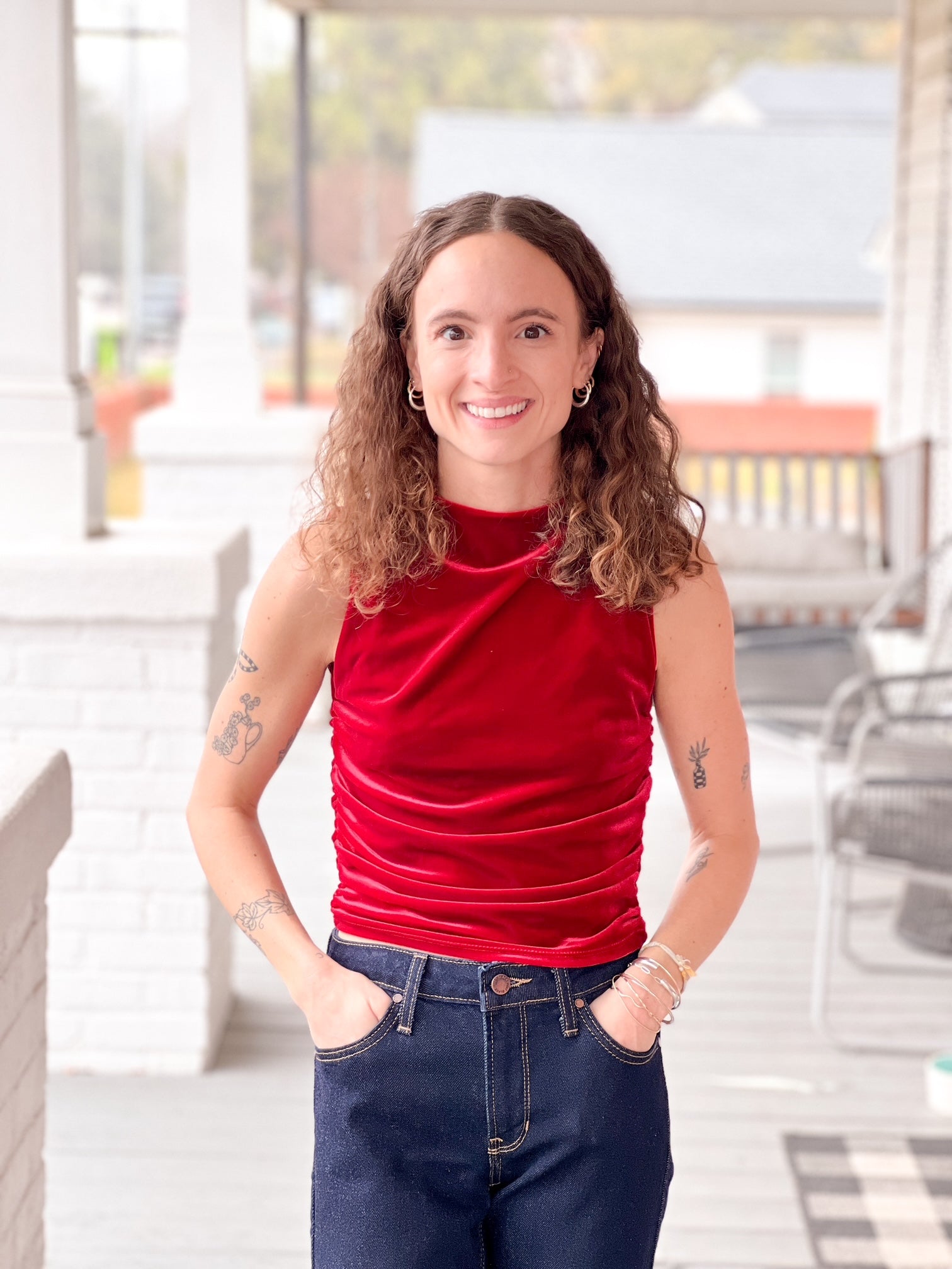 red velvet tank with rouched sides