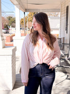 white and pink stripe button up top