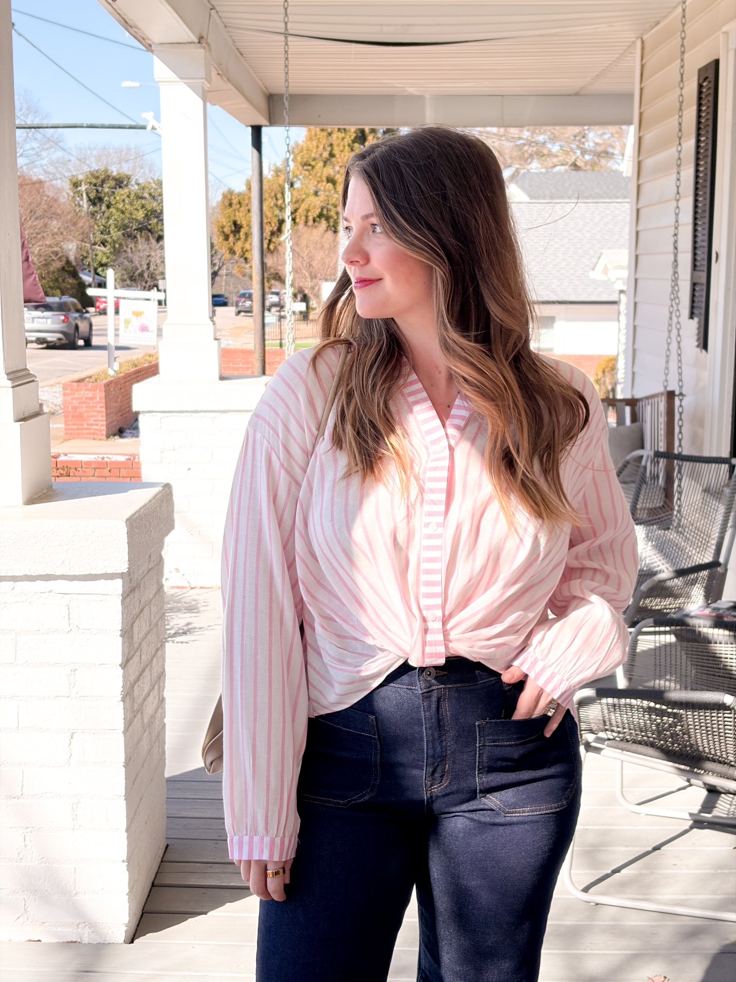 white and pink stripe button up top
