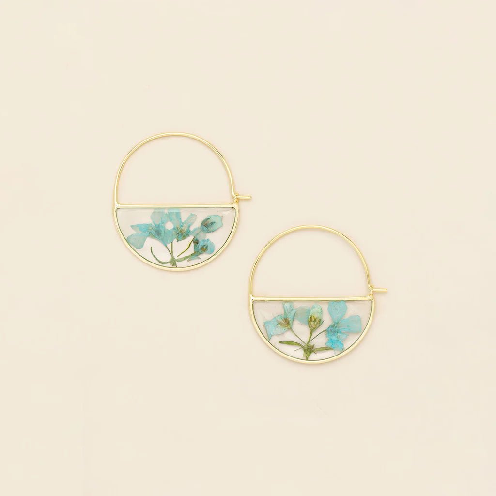 Rose & Lee Co Pressed Flower Hoops, Blue Baby's Breath/Gold Earrings