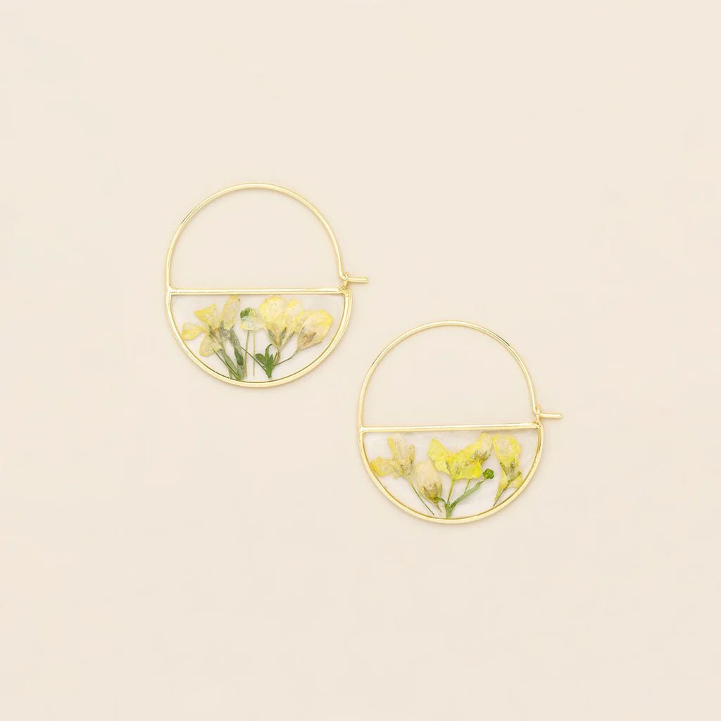 Rose & Lee Co Pressed Flower Hoops, Yellow Baby's Breath/Gold Earrings