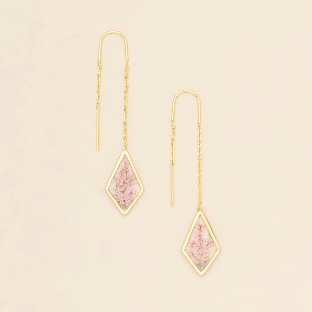 Rose & Lee Co Pressed Flower Thread Earrings, Pink Lace Flower/Gold Earrings