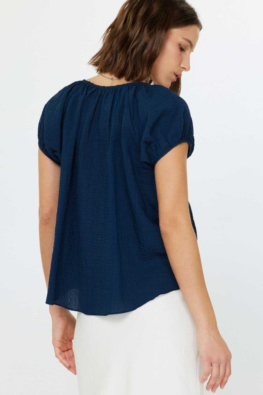 Navy Puff Sleeve Button Front Top