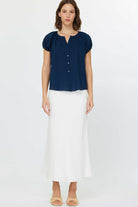 Navy Puff Sleeve Button Front Top