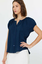 Navy Puff Sleeve Button Front Top